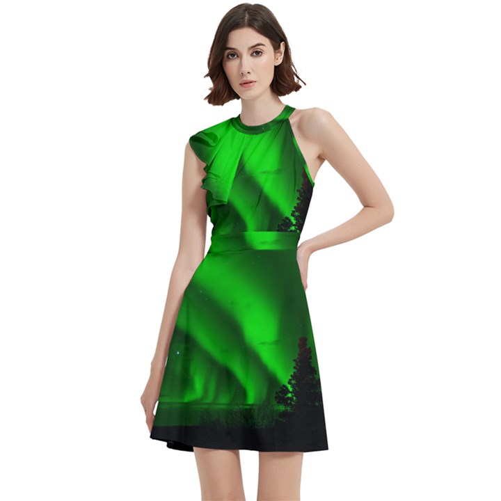 Aurora Borealis Northern Lights Cocktail Party Halter Sleeveless Dress With Pockets