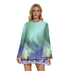 Aurora Borealis Alaska Space Round Neck Long Sleeve Bohemian Style Chiffon Mini Dress by Ket1n9