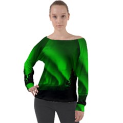 Aurora Borealis Northern Lights Off Shoulder Long Sleeve Velour Top by Ket1n9