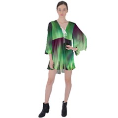 Aurora Borealis Northern Lights V-neck Flare Sleeve Mini Dress by Ket1n9