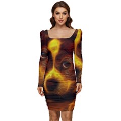 Cute 3d Dog Women Long Sleeve Ruched Stretch Jersey Dress