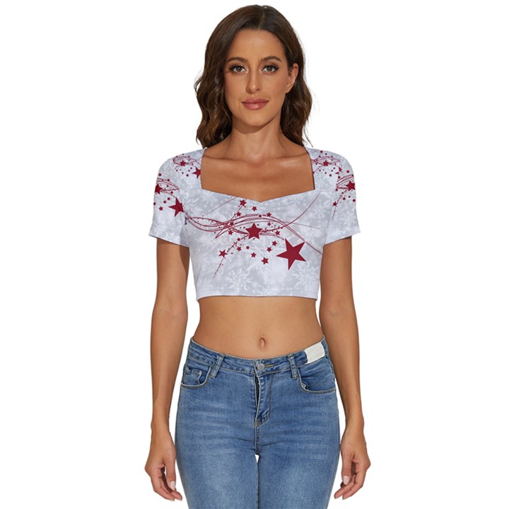 Christmas Star Snowflake Short Sleeve Square Neckline Crop Top 