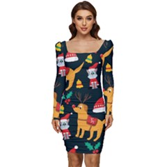 Funny Christmas Pattern Background Women Long Sleeve Ruched Stretch Jersey Dress