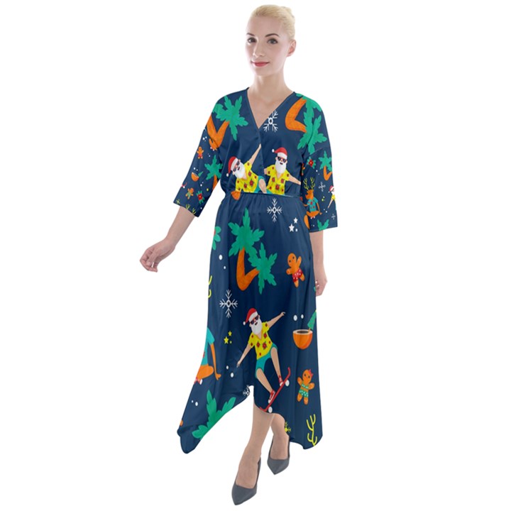 Colorful Funny Christmas Pattern Quarter Sleeve Wrap Front Maxi Dress