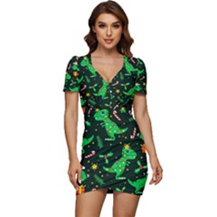 Christmas Funny Pattern Dinosaurs Low Cut Cap Sleeve Mini Dress by Ket1n9