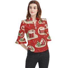 Christmas New Year Seamless Pattern Loose Horn Sleeve Chiffon Blouse