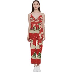 Christmas New Year Seamless Pattern V-neck Camisole Jumpsuit