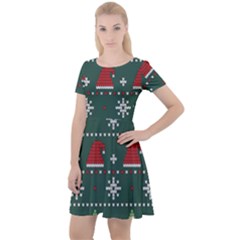 Beautiful Knitted Christmas Pattern Cap Sleeve Velour Dress 