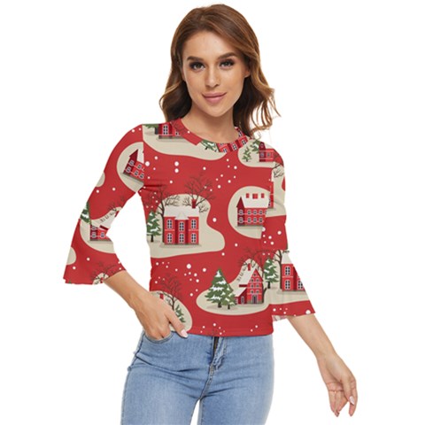 Christmas New Year Seamless Pattern Bell Sleeve Top by Ket1n9