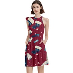 Flat Design Christmas Pattern Collection Art Cocktail Party Halter Sleeveless Dress With Pockets by Ket1n9