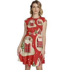 Christmas New Year Seamless Pattern Cap Sleeve High Waist Dress