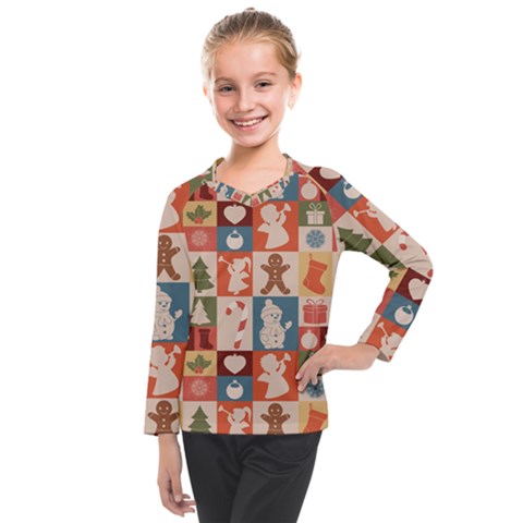 Cute Christmas Seamless Pattern Vector  - Kids  Long Mesh T-shirt by Ket1n9