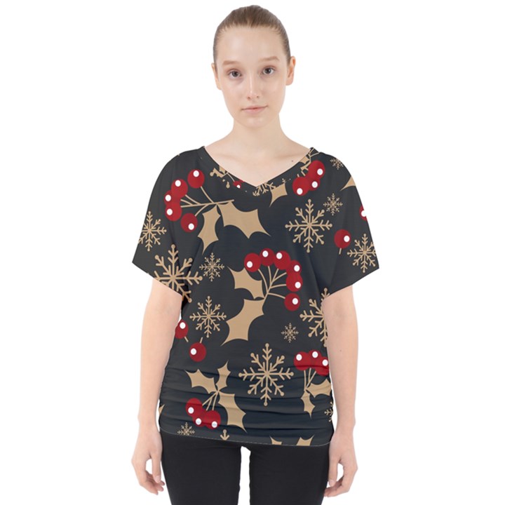 Dinosaur Colorful Funny Christmas Pattern V-Neck Dolman Drape Top