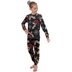 Christmas Pattern With Snowflakes Berries Kids  Long Sleeve Set  by Ket1n9