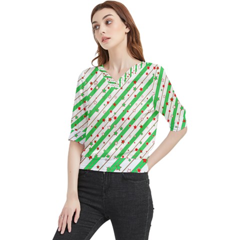 Christmas Paper Stars Pattern Texture Background Colorful Colors Seamless Quarter Sleeve Blouse by Ket1n9