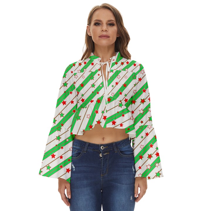 Christmas Paper Stars Pattern Texture Background Colorful Colors Seamless Boho Long Bell Sleeve Top