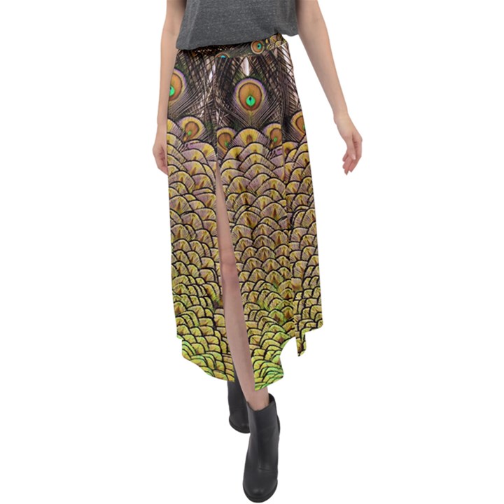 Peacock Feathers Wheel Plumage Velour Split Maxi Skirt