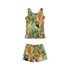 Unusual Peacock Drawn With Flame Lines Kids  Boyleg Swimsuit by Ket1n9