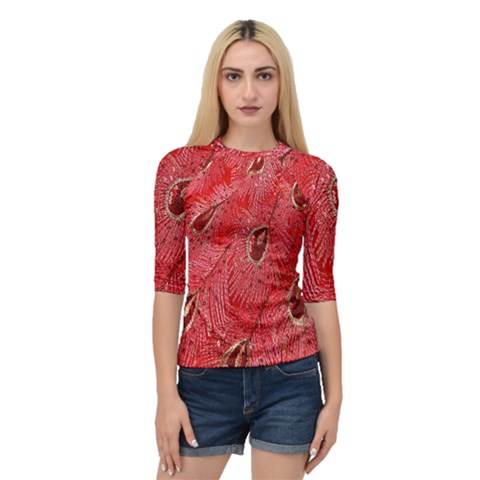 Red Peacock Floral Embroidered Long Qipao Traditional Chinese Cheongsam Mandarin Quarter Sleeve Raglan T-shirt by Ket1n9