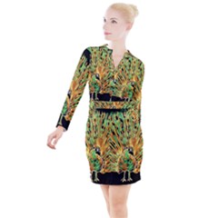 Unusual Peacock Drawn With Flame Lines Button Long Sleeve Dress