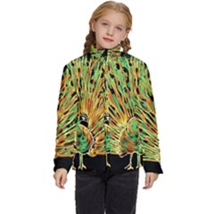 Unusual Peacock Drawn With Flame Lines Kids  Puffer Bubble Jacket Coat by Ket1n9