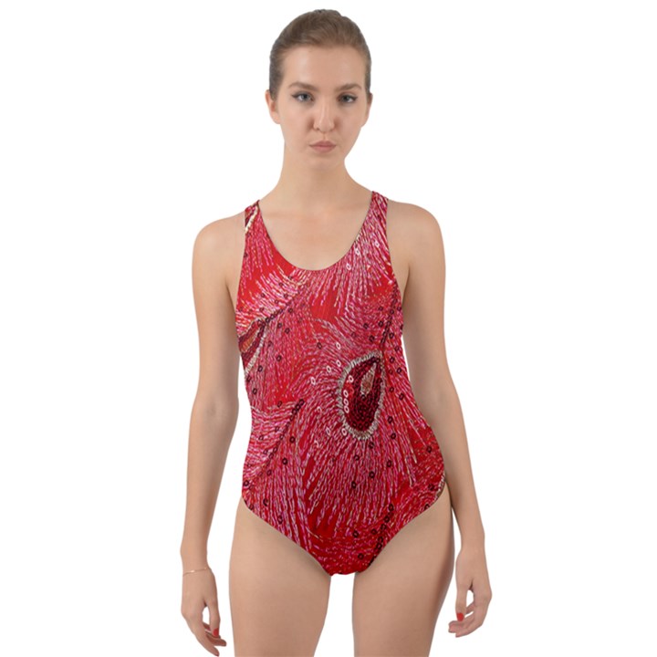 Red Peacock Floral Embroidered Long Qipao Traditional Chinese Cheongsam Mandarin Cut-Out Back One Piece Swimsuit