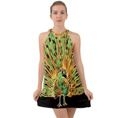 Unusual Peacock Drawn With Flame Lines Halter Tie Back Chiffon Dress by Ket1n9