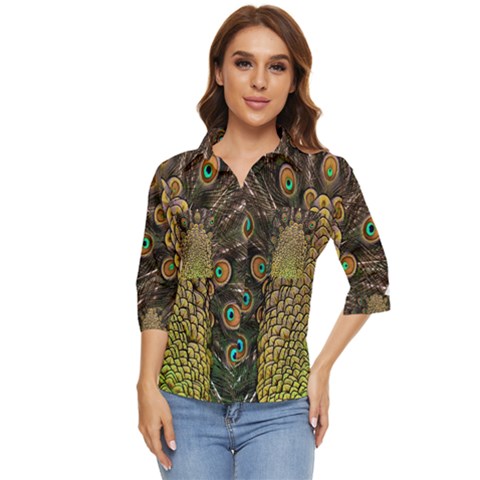 Peacock Feathers Wheel Plumage Women s Quarter Sleeve Pocket Shirt by Ket1n9