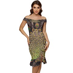 Peacock Feathers Wheel Plumage Off Shoulder Ruffle Split Hem Bodycon Dress by Ket1n9