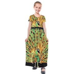 Unusual Peacock Drawn With Flame Lines Kids  Short Sleeve Maxi Dress by Ket1n9