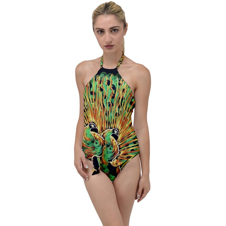 Unusual Peacock Drawn With Flame Lines Go with the Flow One Piece Swimsuit