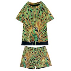 Unusual Peacock Drawn With Flame Lines Kids  Swim T-shirt And Shorts Set by Ket1n9