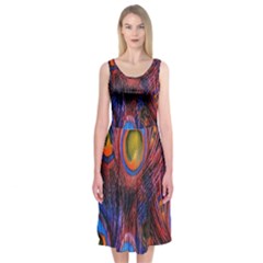 Pretty Peacock Feather Midi Sleeveless Dress by Ket1n9