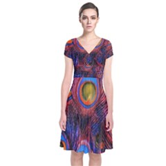 Pretty Peacock Feather Short Sleeve Front Wrap Dress by Ket1n9