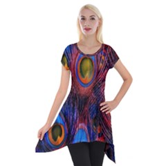 Pretty Peacock Feather Short Sleeve Side Drop Tunic by Ket1n9