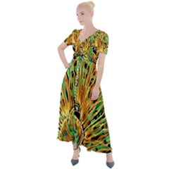 Unusual Peacock Drawn With Flame Lines Button Up Short Sleeve Maxi Dress by Ket1n9