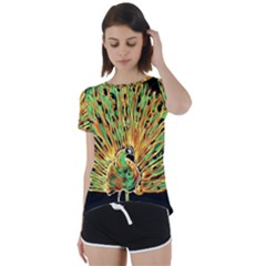 Unusual Peacock Drawn With Flame Lines Short Sleeve Open Back T-shirt by Ket1n9