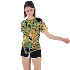 Unusual Peacock Drawn With Flame Lines Asymmetrical Short Sleeve Sports T-shirt by Ket1n9