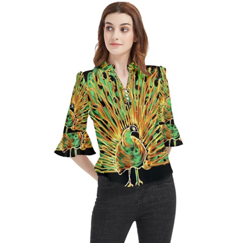 Unusual Peacock Drawn With Flame Lines Loose Horn Sleeve Chiffon Blouse by Ket1n9