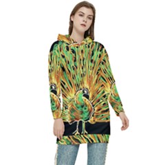 Unusual Peacock Drawn With Flame Lines Women s Long Oversized Pullover Hoodie by Ket1n9