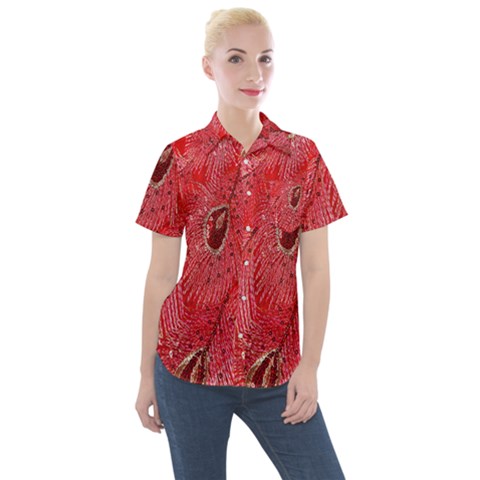 Red Peacock Floral Embroidered Long Qipao Traditional Chinese Cheongsam Mandarin Women s Short Sleeve Pocket Shirt by Ket1n9