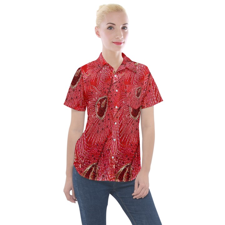 Red Peacock Floral Embroidered Long Qipao Traditional Chinese Cheongsam Mandarin Women s Short Sleeve Pocket Shirt