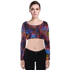 Pretty Peacock Feather Velvet Long Sleeve Crop Top by Ket1n9