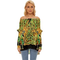 Unusual Peacock Drawn With Flame Lines Off Shoulder Chiffon Pocket Shirt by Ket1n9