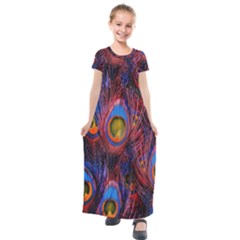 Pretty Peacock Feather Kids  Short Sleeve Maxi Dress by Ket1n9