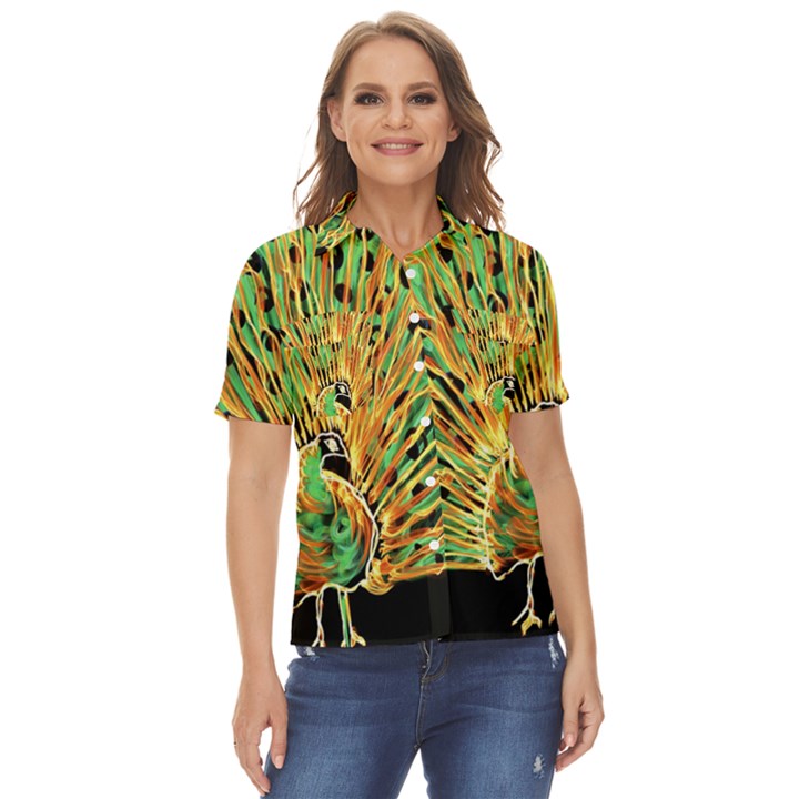 Unusual Peacock Drawn With Flame Lines Women s Short Sleeve Double Pocket Shirt