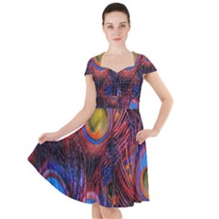 Pretty Peacock Feather Cap Sleeve Midi Dress