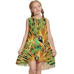 Unusual Peacock Drawn With Flame Lines Kids  Frill Swing Dress by Ket1n9