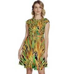 Unusual Peacock Drawn With Flame Lines Cap Sleeve High Waist Dress by Ket1n9