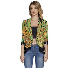 Unusual Peacock Drawn With Flame Lines Women s 3/4 Sleeve Ruffle Edge Open Front Jacket by Ket1n9